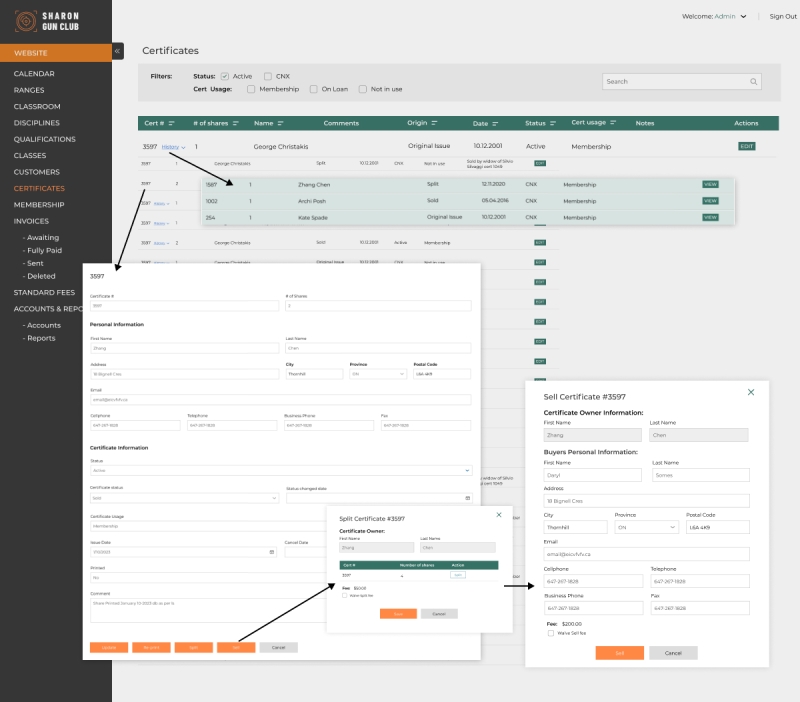 Custom-built software dashboard for managing memberships and bookings at Sharon Gun Club.