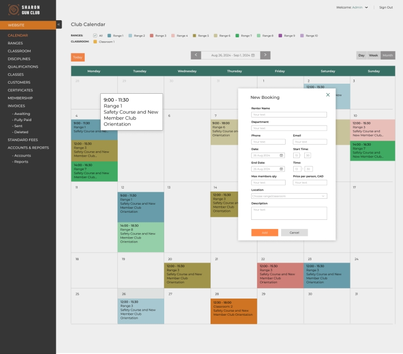 User interface of the shooting range management software developed for Sharon Gun Club.